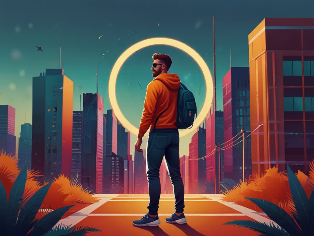 A person with a backpack stands before a glowing ring in a futuristic cityscape, symbolizing TikTok Creator Marketplace.