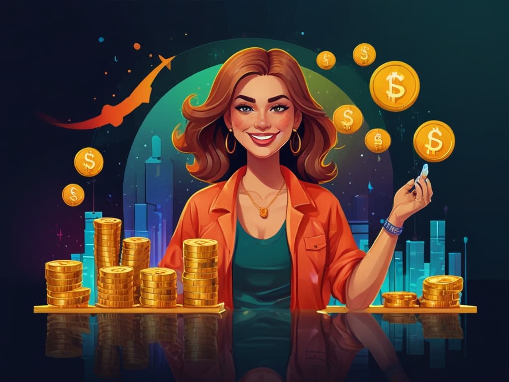 Female influencer holding phone with dollar coins and digital growth chart; TikTok pricing future 2025.