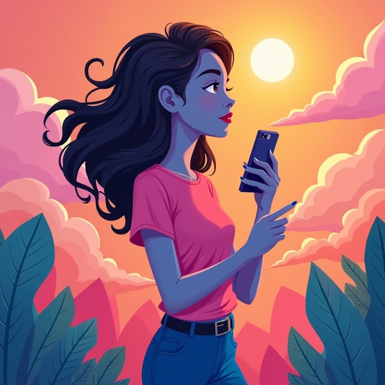 Woman engaging with TikTok trends on smartphone at sunset; ideal for social media marketing tips.