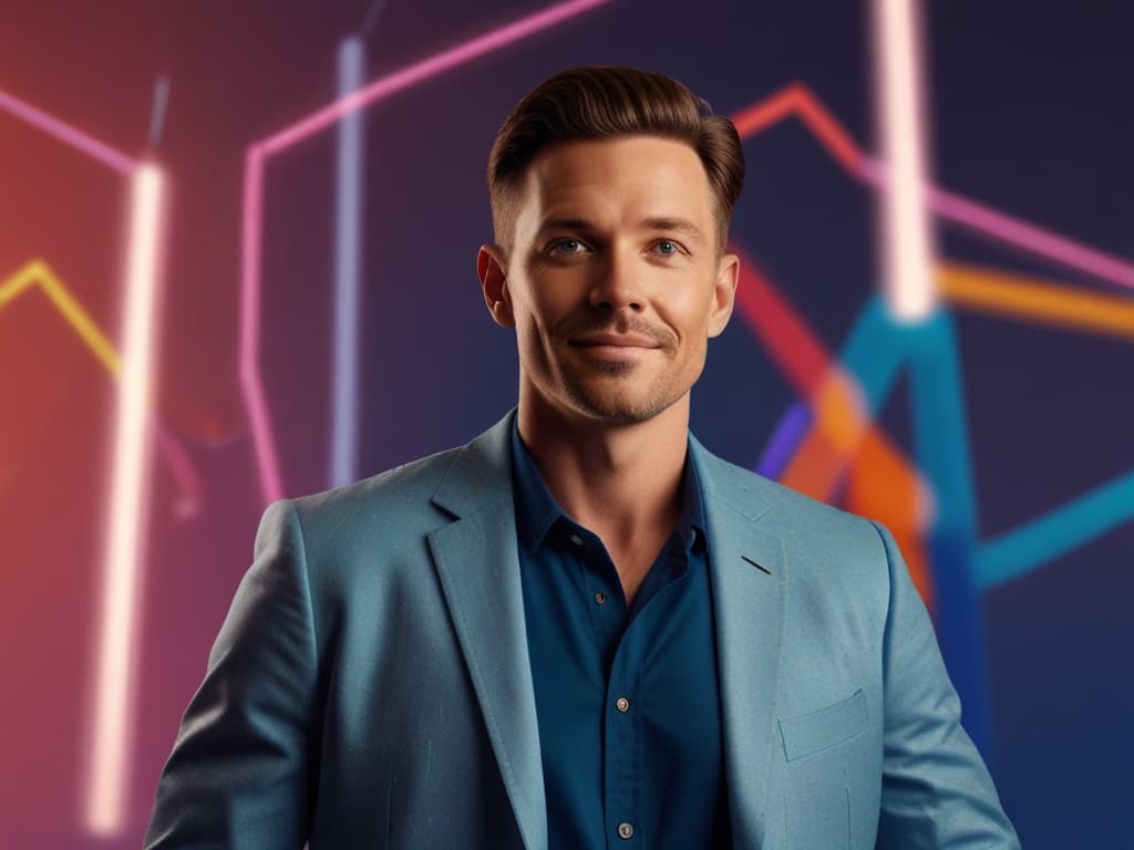 Smiling man in blue blazer against colorful graph lines, symbolizing innovative brand strategy.