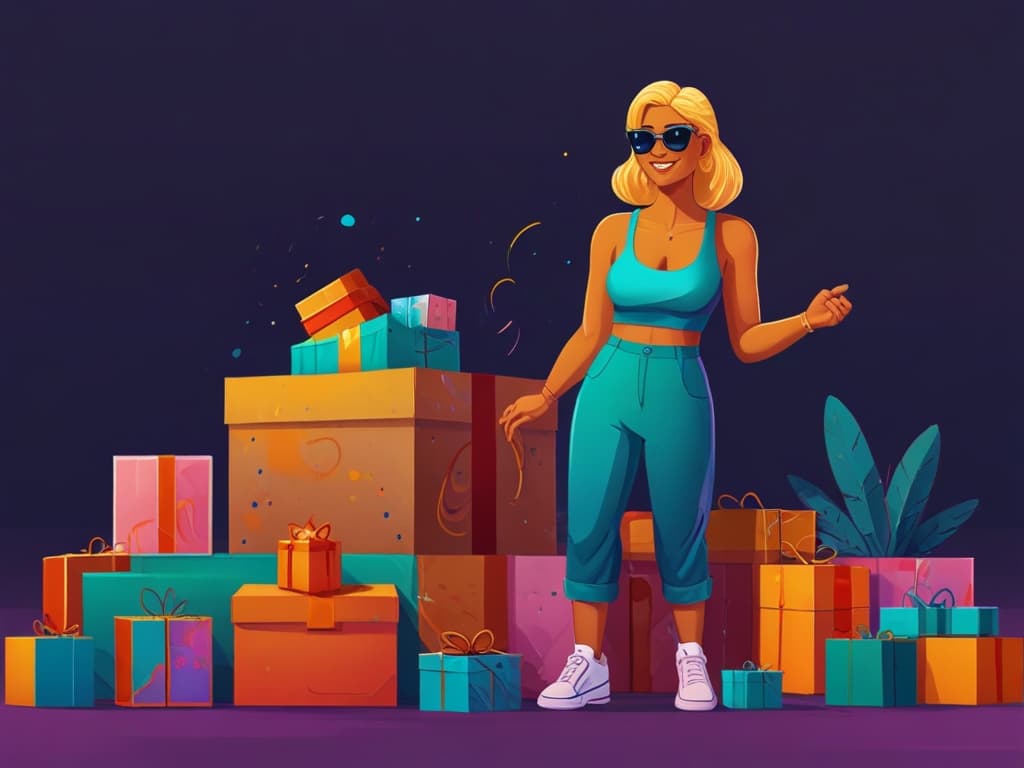 A stylish woman unboxing colorful gift boxes in a vibrant setting, showcasing the unboxing video trend.