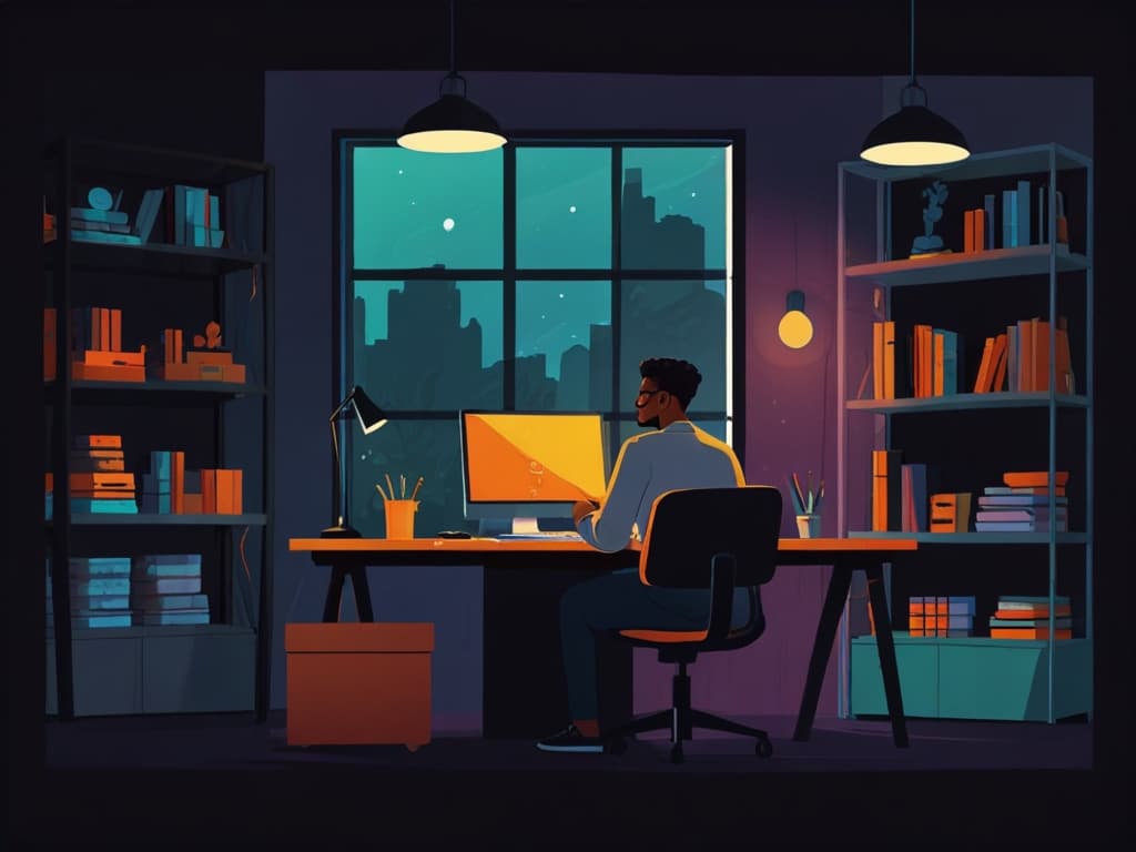Cozy home office with a focused UGC creator working on a computer at night, surrounded by books and soft lighting.