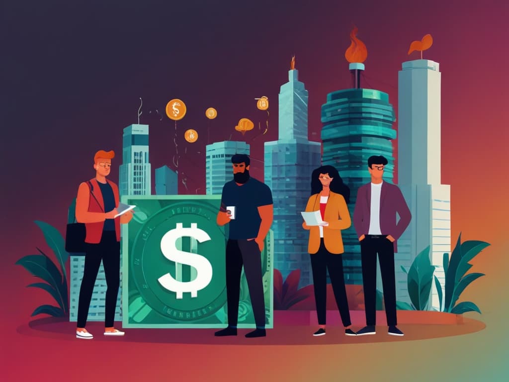 Diverse influencers with tech devices discuss payments by virtual cityscape with currency symbols.