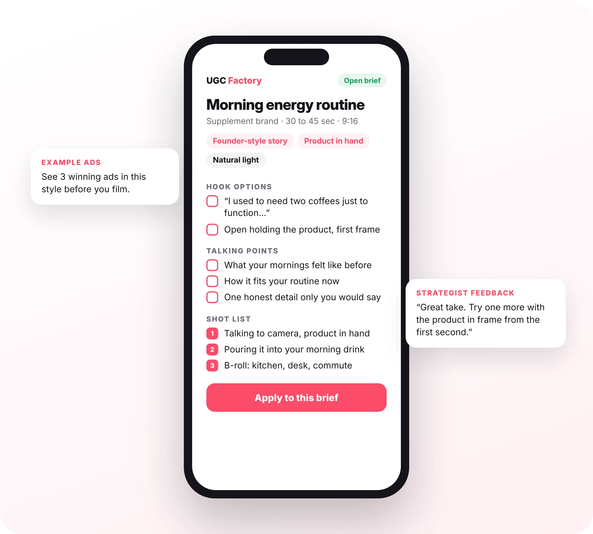 Phone showing an open creator brief with talking points and a shot list, next to two callout cards